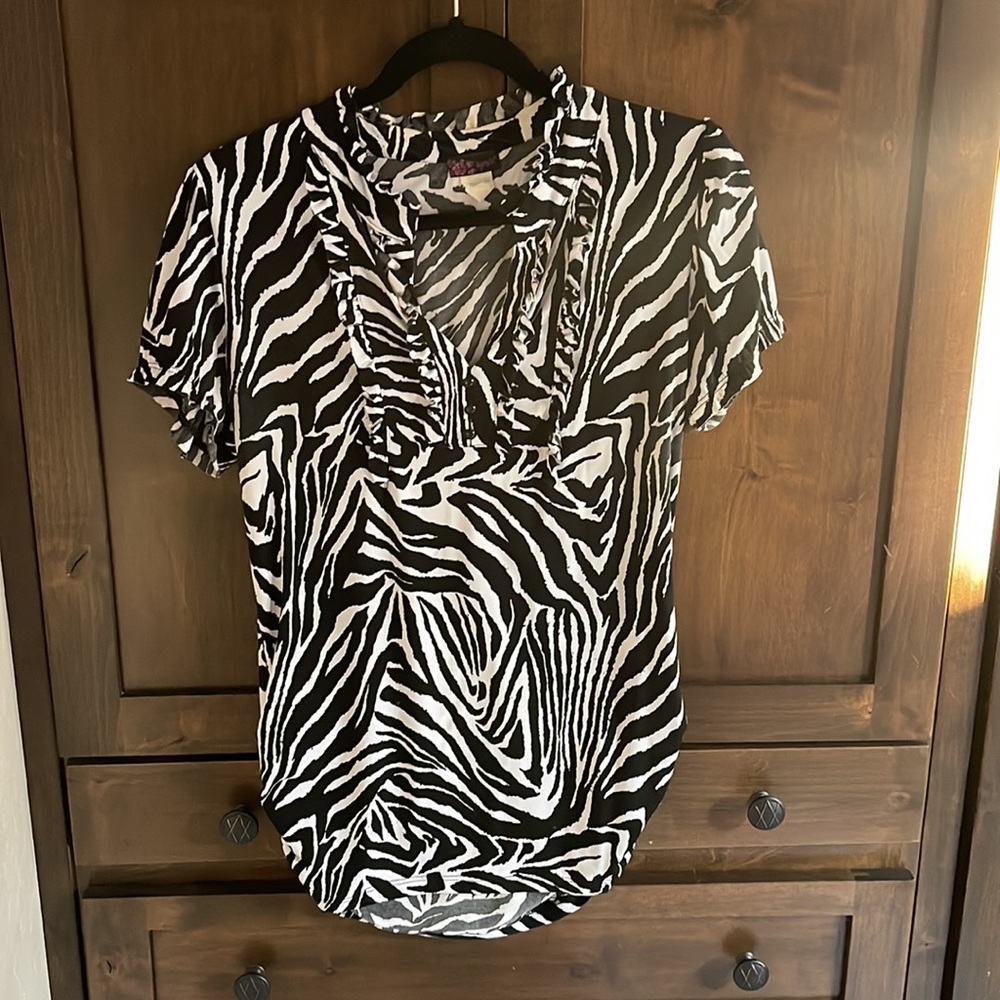 Agenda Zebra Print Short Sleeved Ruffle Accent Shirt